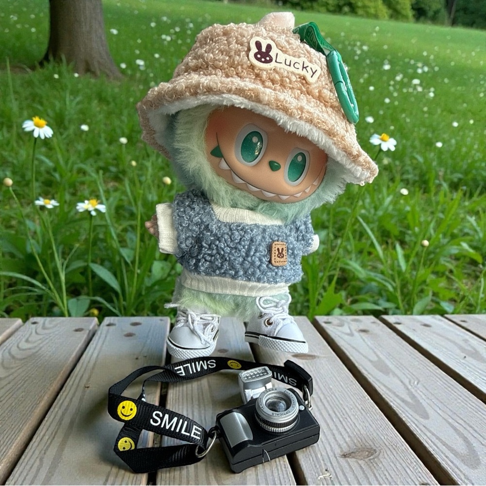 Labubu Clothes NIP Lucky Bunny Camera Blue and Cream Outfit